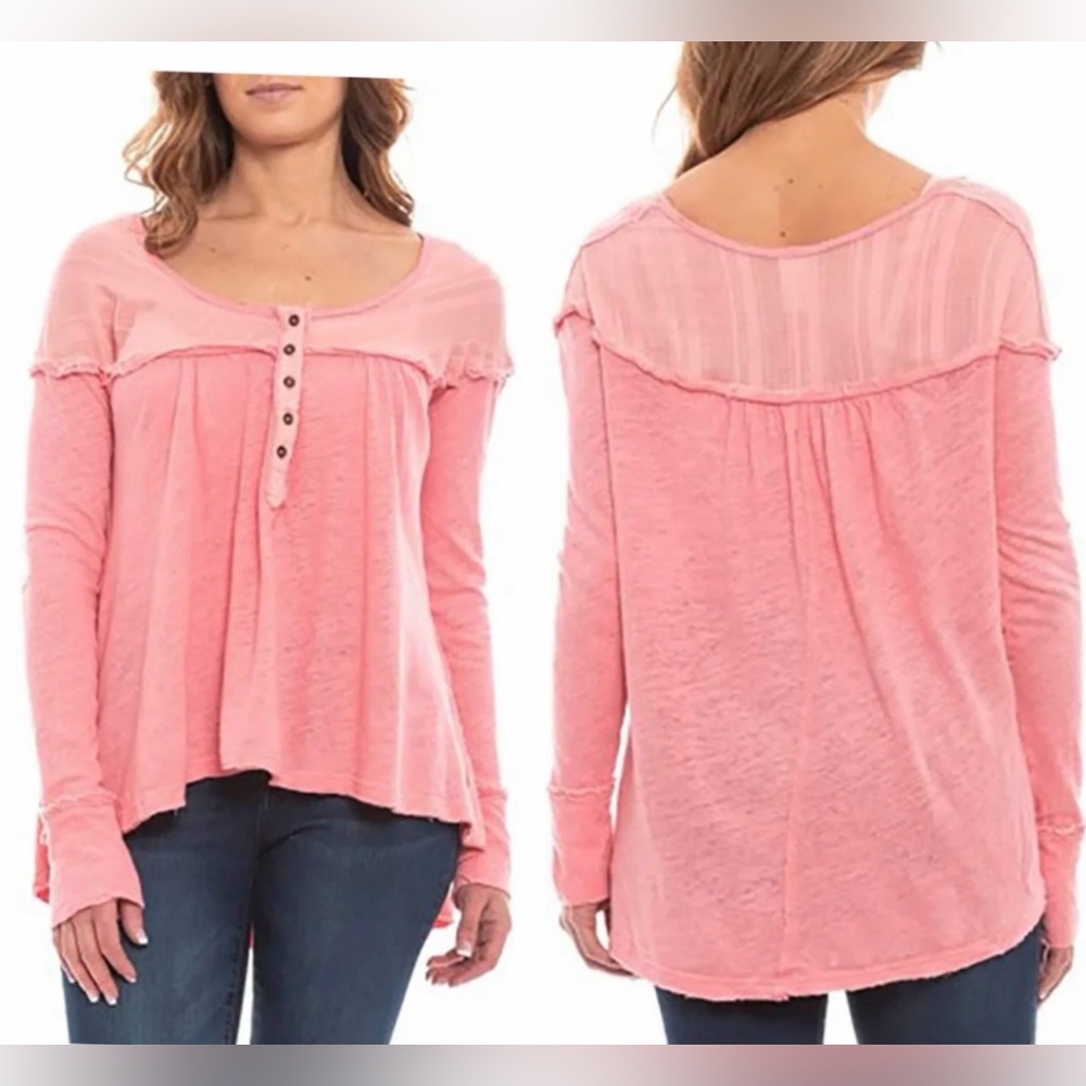 WE THE FREE Down Under Henley Long Sleeve Linen Blend Top- XS